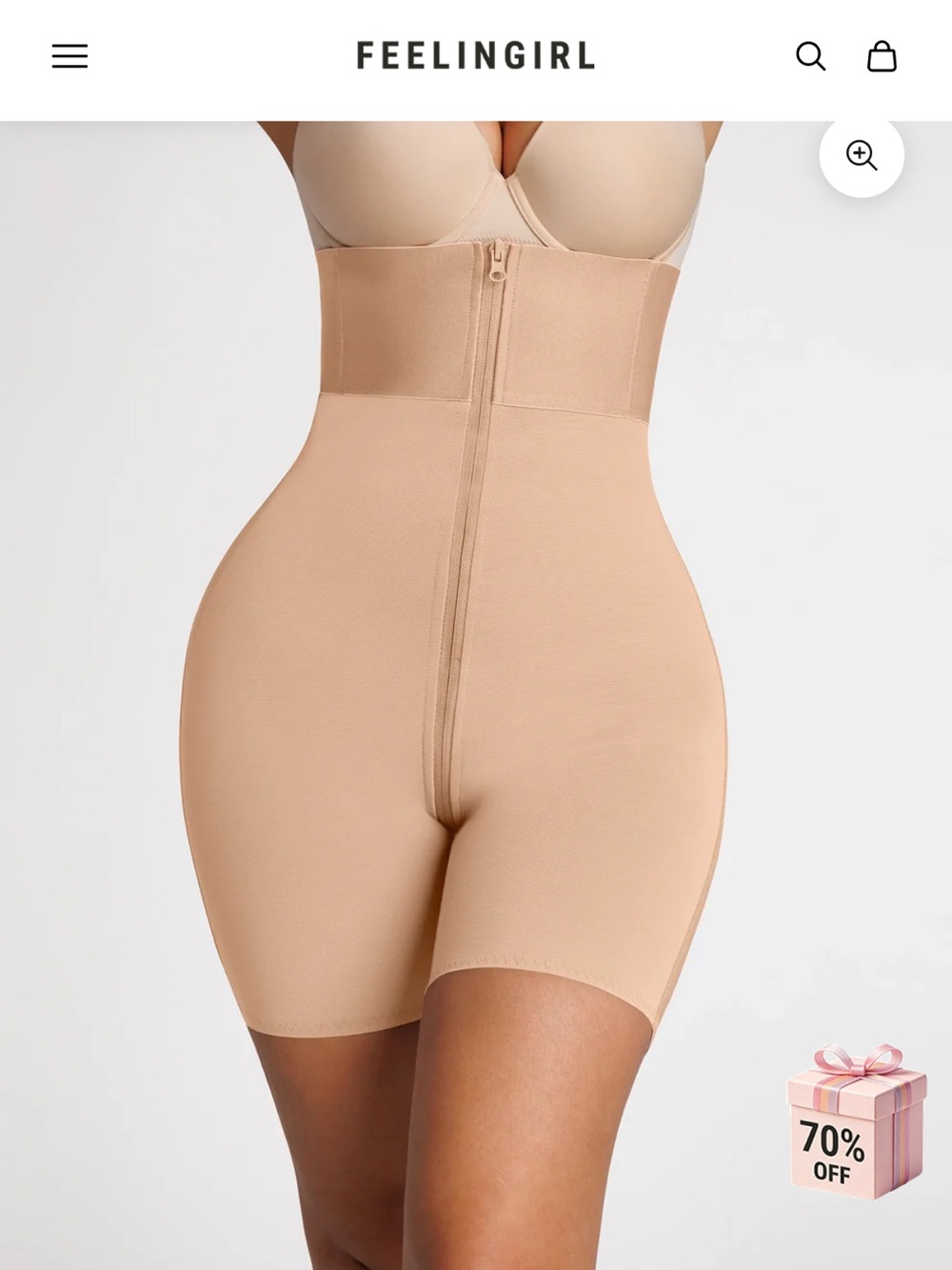 Feelingirl High-Waist Beige Tummy Control Shaping Shorts with Front Zipper